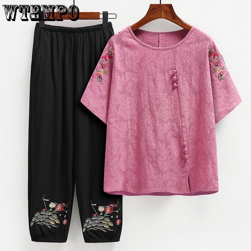 Летний костюм из хлопка и льна для среднего и пожилого возраста, женский летний хлопковый костюм с короткими рукавами для мамы, хлопковая футболка, брючный костюм
