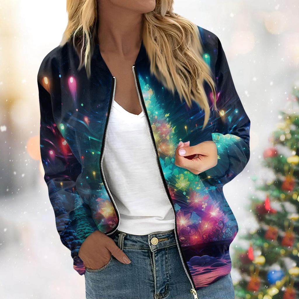 Женская легкая короткая куртка с длинными рукавами на молнии с принтом, повседневная стеганая куртка с карманами, рождественская