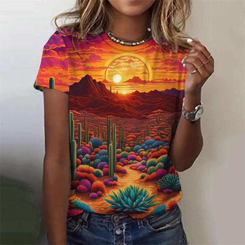 Summer Round Neck 3D Natural Scenery Printed Top Fashionable Casual Sunset Plants Pattern Short Sleeved Women's T-shirts