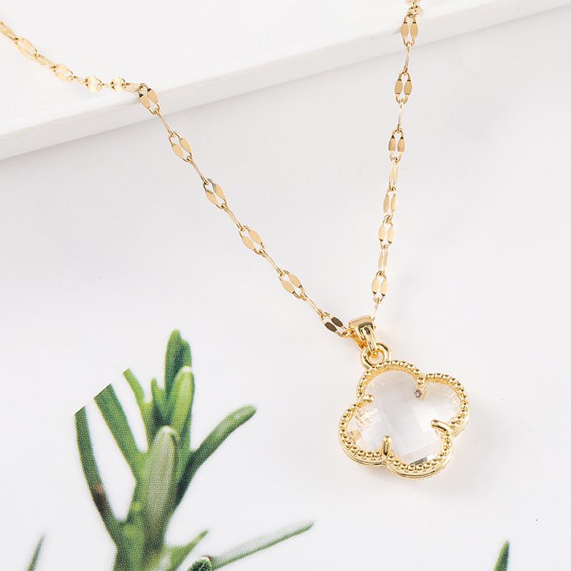 Ожерелье из титановой стали, ожерелье с четырьмя листами клевера, цепочка с красной сеткой на ключицу, подарок, двухсторонняя подвеска с изображением счастливой травы, хрустальные украшения, женское ожерелье