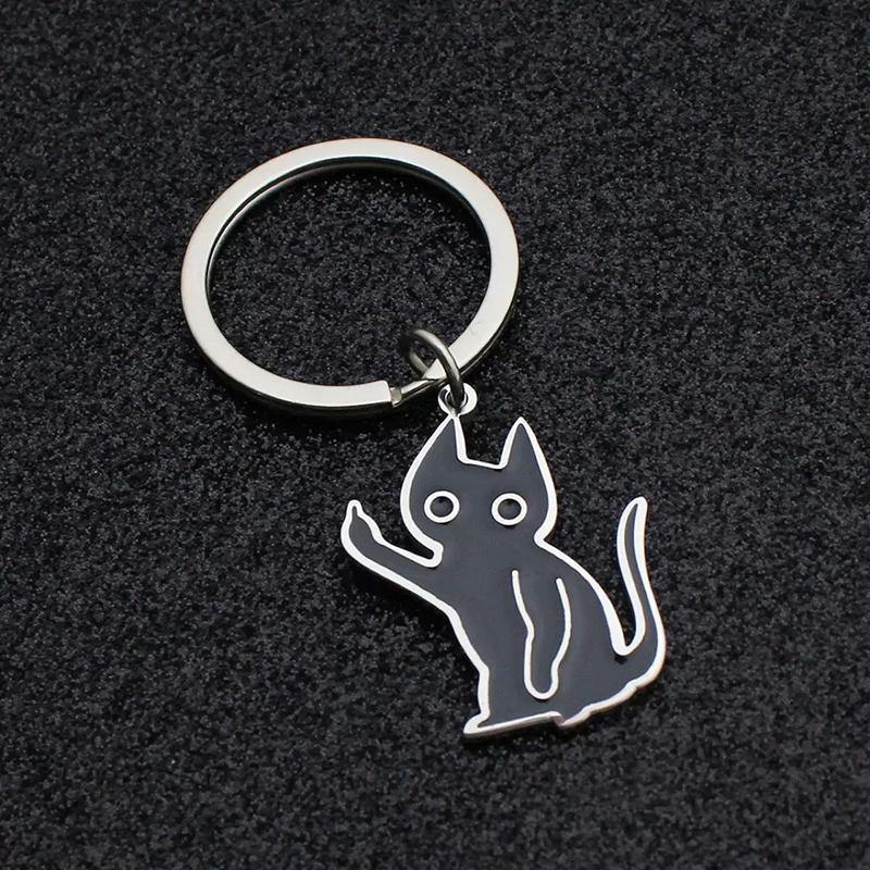 Unconvinced Kitten Keychain Cartoon Funny Stainless Steel Keychain Middle Finger Black Cat Pendant Car Keychain Gift