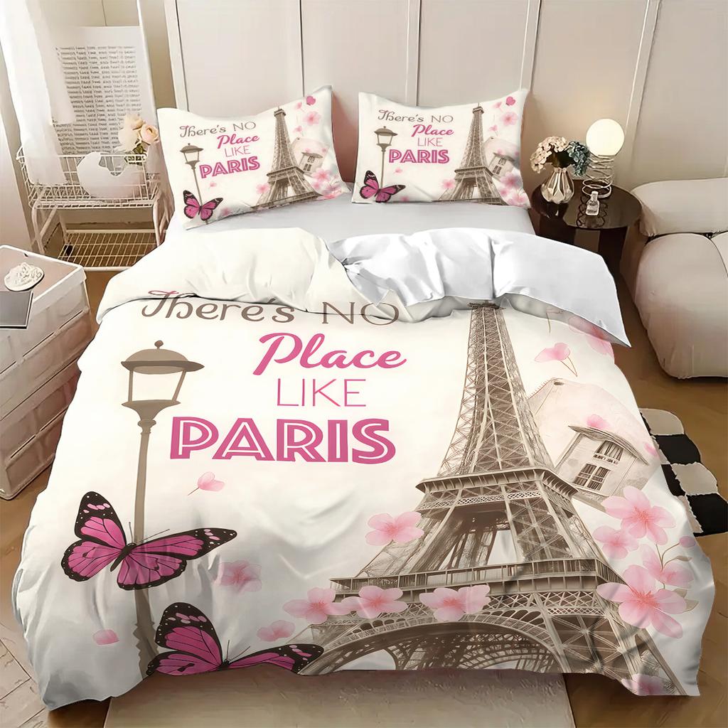 Pink Paris Architecture Eiffel Tower Print Bedding Set Soft Duvet Cover King Queen Twin Single Size Birthday Gift Bedroom Decor