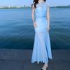 Seaside Vacation Summer Atmosphere Small Skirt Super Beautiful Unique Beautiful Tulle Slanted Shoulder Blue Dress New