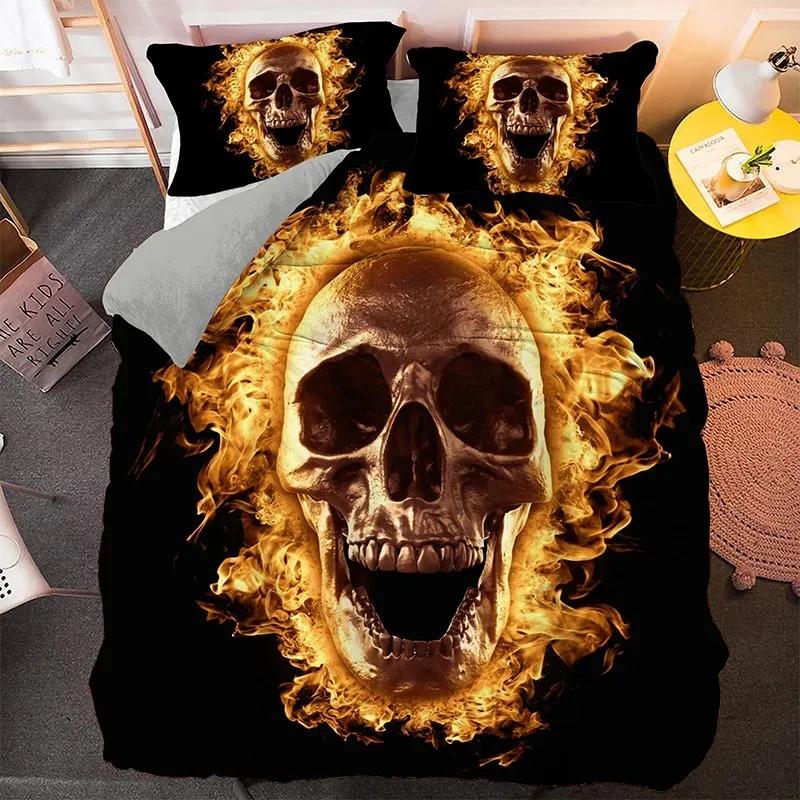 Skull Duvet Cover King, Halloween Comforter Cover,Gothic Fog Smoke Skull Skeleton Bedding Set,Grey Quilt Cover Room Decor