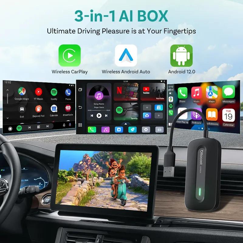 OTTOCAST New Play2Video Pro Wireless Carplay Adapter Android Auto Ai Box Built in Youtube Netflix for Car with Wired Carplay