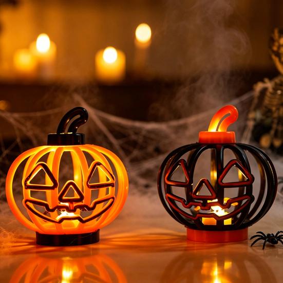 Small Pumpkin Night Lamps Halloween Lantern, LED Light Up Hollow Ornament, Battery Operated Lamp for Party Statue with Warm Indoor Outdoor Decor Home