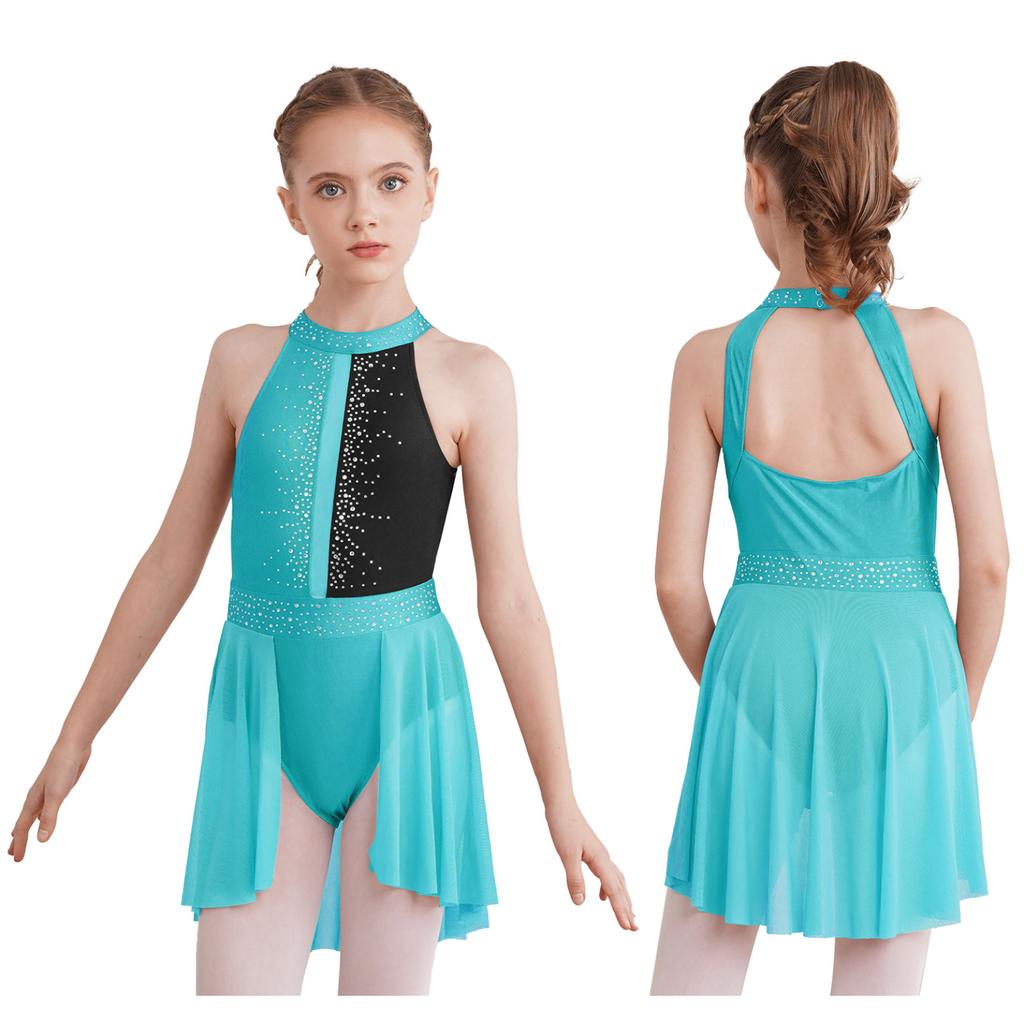 Girls Lyrical Dress Shiny Rhinestone Decor Sleeveless Irregular Hem Dance Leotard Dress Kids Dancewear