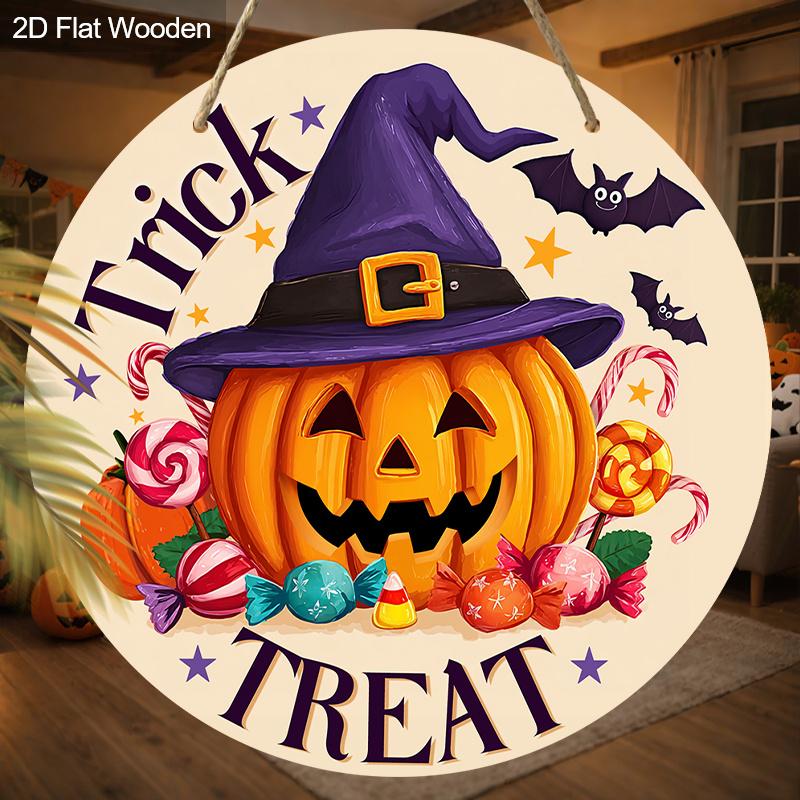 Halloween Wooden Sign with Wizard Pumpkin Pattern - Unique Figurine Ornaments with Trick or Treat - Ideal for Front Door, Farm, Porch Decor
