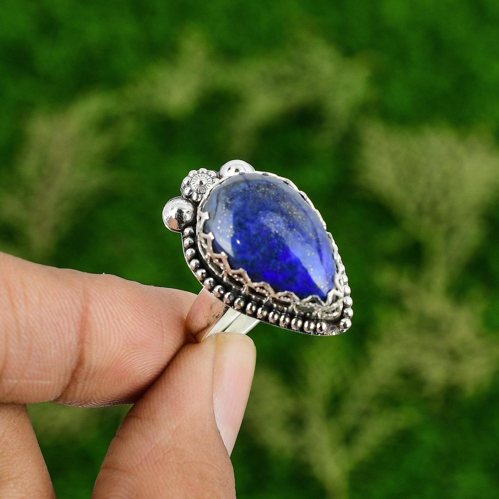 Natural Lapis Lazuli Gemstone 925 Silver Statement Adjustable Ring For Women