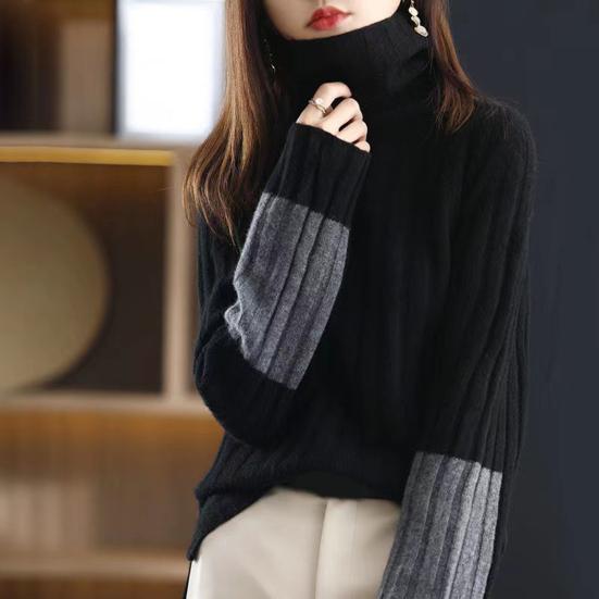 Women Winter Autumn Sweater Turtleneck Neck Protection Long Sleeve Knitted Warm Thick Soft Pullover Color Block Patchwork Lady Sweater