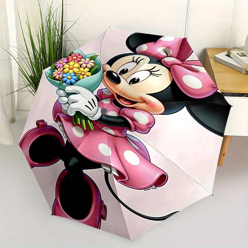 Minnie Mouse Flower Bouquet Themed Automatic opening and closing folding umbrella, 8 rib windproof, compact travel design, suitable for all