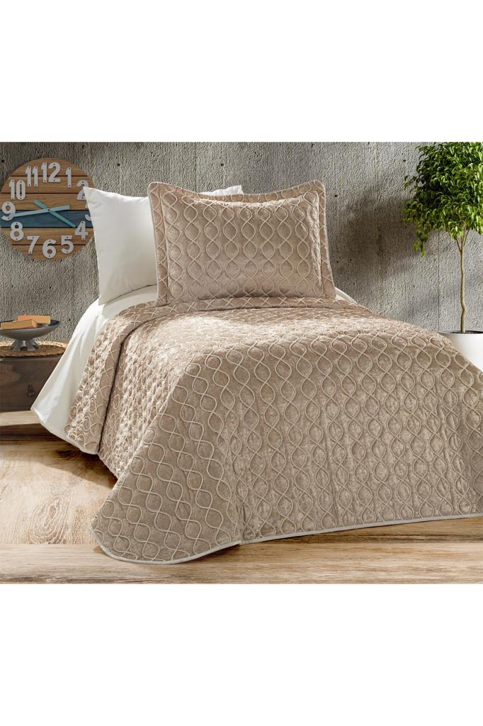 Brillance Quilted Bedspread Set 2 Pcs, Coverlet 180x240, Pillowcase 50x70, Soft Velvet Fabric, Queen Size, Cappucino