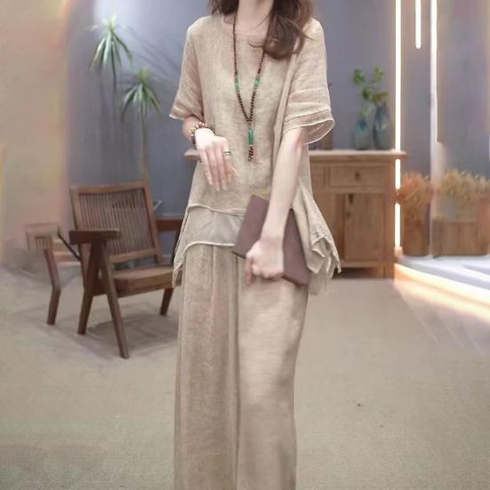 2 Pcs/Set Women Top Pants Set Round Neck Half Sleeves Irregular Hem Blouse Wide Leg Elastic Waist Wide Leg Trousers Daily Leisure Dating Outfit