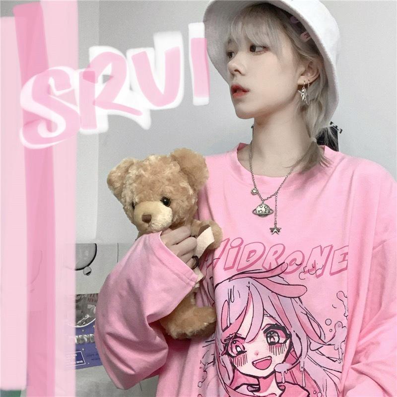 Милые девушки, милый мультфильм, японская уличная одежда, Harajuku, розовый забавный кавайный повседневный топ с принтом, свободная шикарная летняя женская футболка