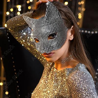 Маска на пол-лица кошки-девочки, набор перчаток, стразы, реквизит для косплея, маска для лица кошки-женщины, костюм для Хэллоуина, костюм для вечеринки