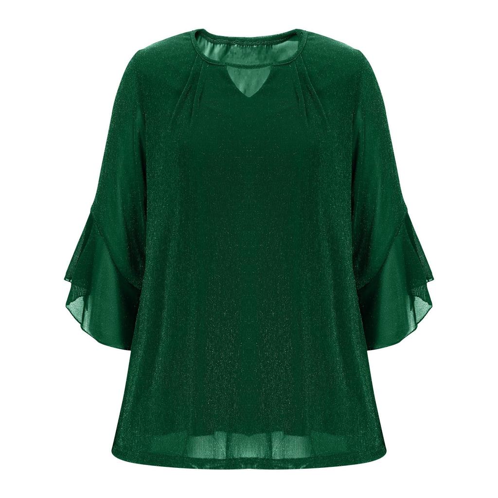 Women's Fashionable Solid Color Round Neck Seven Quarter Sleeved Shirt Loose Casual  Top