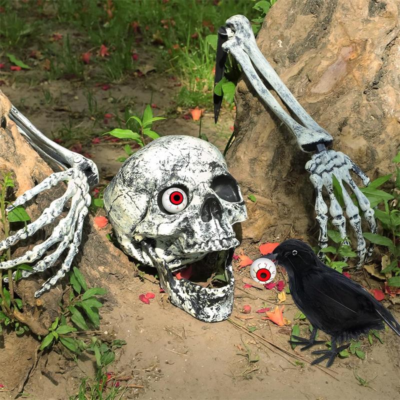 Realistic Skeleton Stakes with Crow and Red Eyes Zombie Hands and Skull Set for Graveyard Yard Lawn Garden Decoration