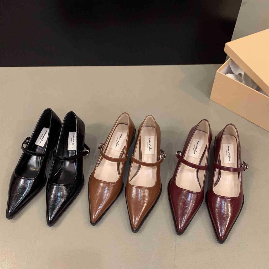 Французский темперамент, черные туфли на среднем каблуке с острым носком, женская обувь 2025 года, новинка, весна-осень, вечерние туфли Мэри Джейн