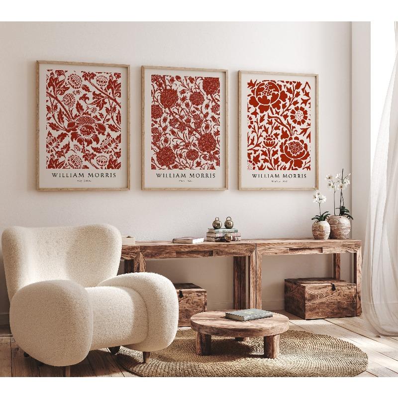 Set of 3 William Morris Prints, Botanical Wall Decor, Vintage Red Pattern Poster, Retro Canvas, Printable Decor