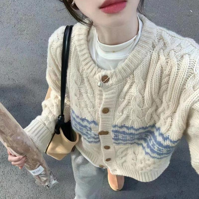 Овечья шерсть ретро цвет контраст японский ленивый ветер свободные жареные переплетения теста кардиган свитер пальто женщины
