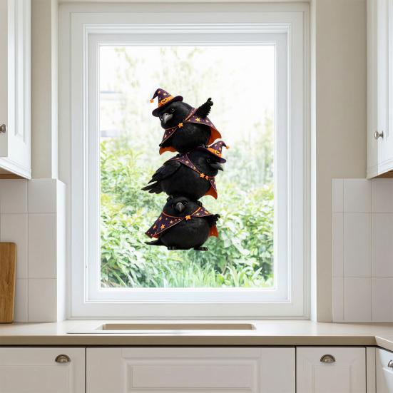 Static Glass Sticker, Traceless Reusable Window Decal, Halloween Bird Shapes Wizard Hat Crow Colorful Parrot Skull Spider Web Window