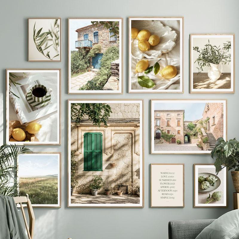 Santorini House Lemon Coffee Landscape Retro Wall Art Canvas Painting Posters & Prints Hotel Cafe Pictures For Living Room Decor