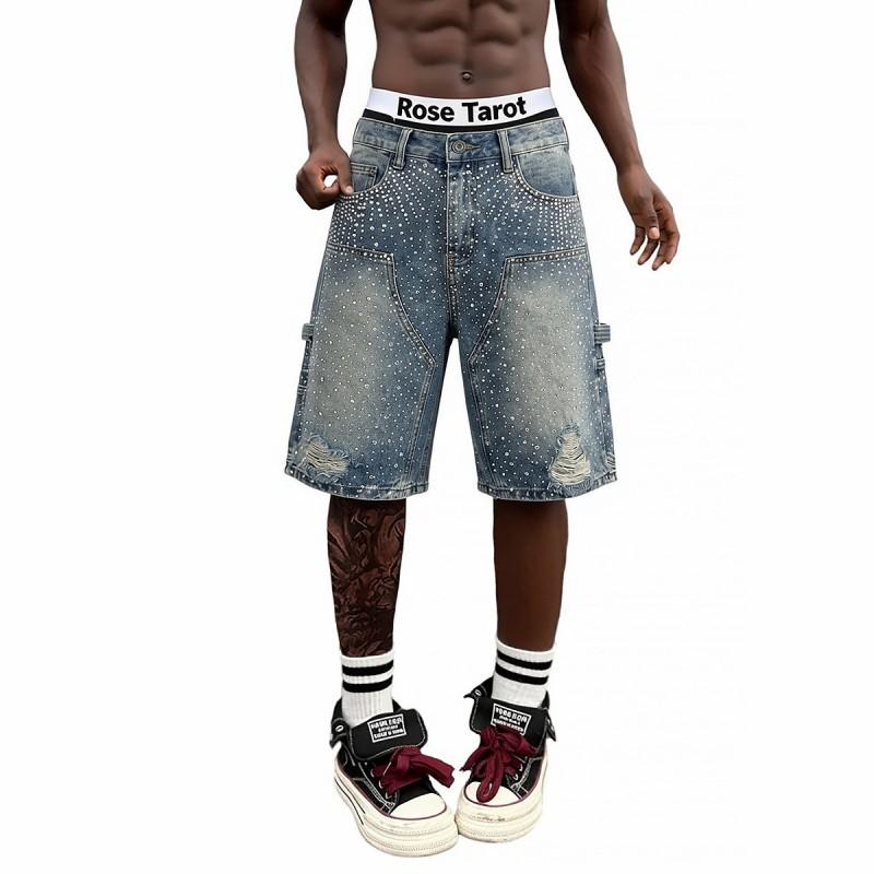 Black Blue High Street Style Denim Shorts Unisex Heavy Duty Distressed Straight Leg Jean Teens