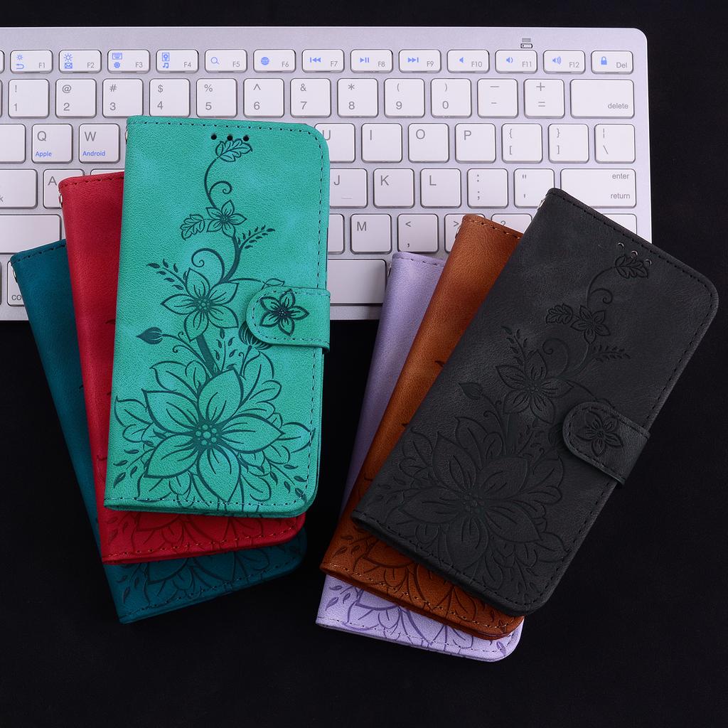 Lily Fower Embossed Flip Leather Case For LG V40 ThinQ/Stylo5/Stylo6/Stylo7/LG Velvet Kickstand Wallet Card Slots Cover for LG K42/K61/K40S/K50/Q60