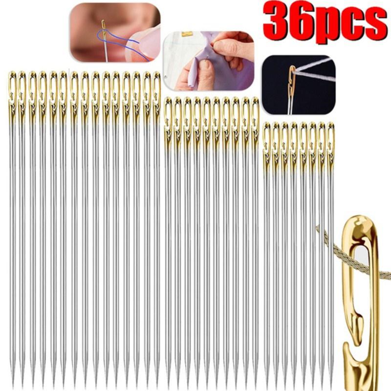 12/24/36pcs Self-Threading Sewing Needles Stainless Steel Quick Blind Threading Needle Stitching Pins DIY Punch Needle Threader