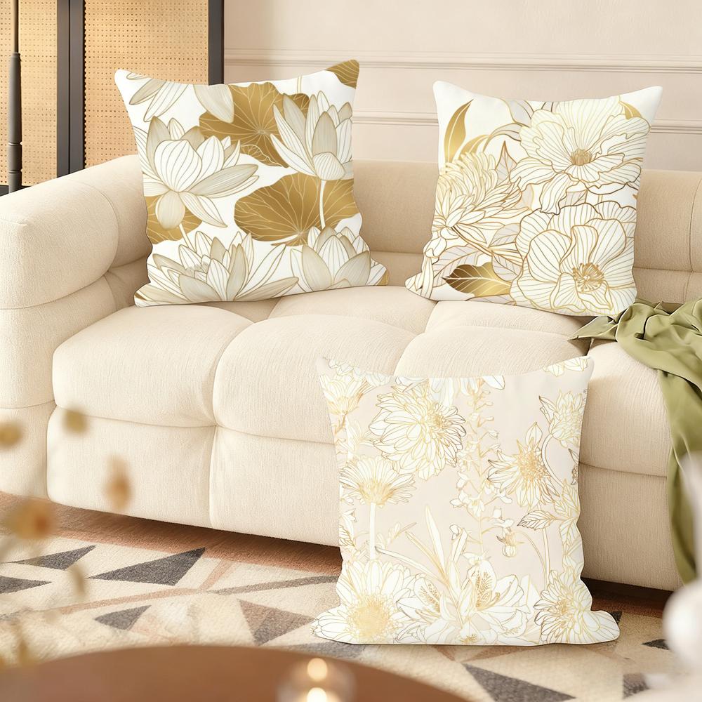 Golden Flower Cushion Cover Natural Linen Organic Fabric DoubleSided Printing Couch Pillow Covers Home Decor Gift