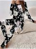 Евро-американская мода Женский всесезонный комплект из двух предметов: футболка с длинным рукавом с 3D-принтом цветов + длинные брюки. Идеальный подарок на Новый год и Рождество