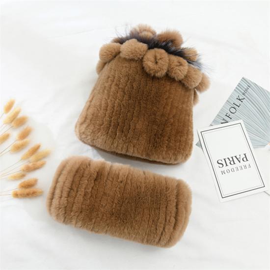 Knitted Women Warm Rex Rabbit Fur Hat Scarf Sets Winter Natural Rex Rabbit Fur Cap Scarves Russia Lady Fur Hats Muffler 2 Pieces