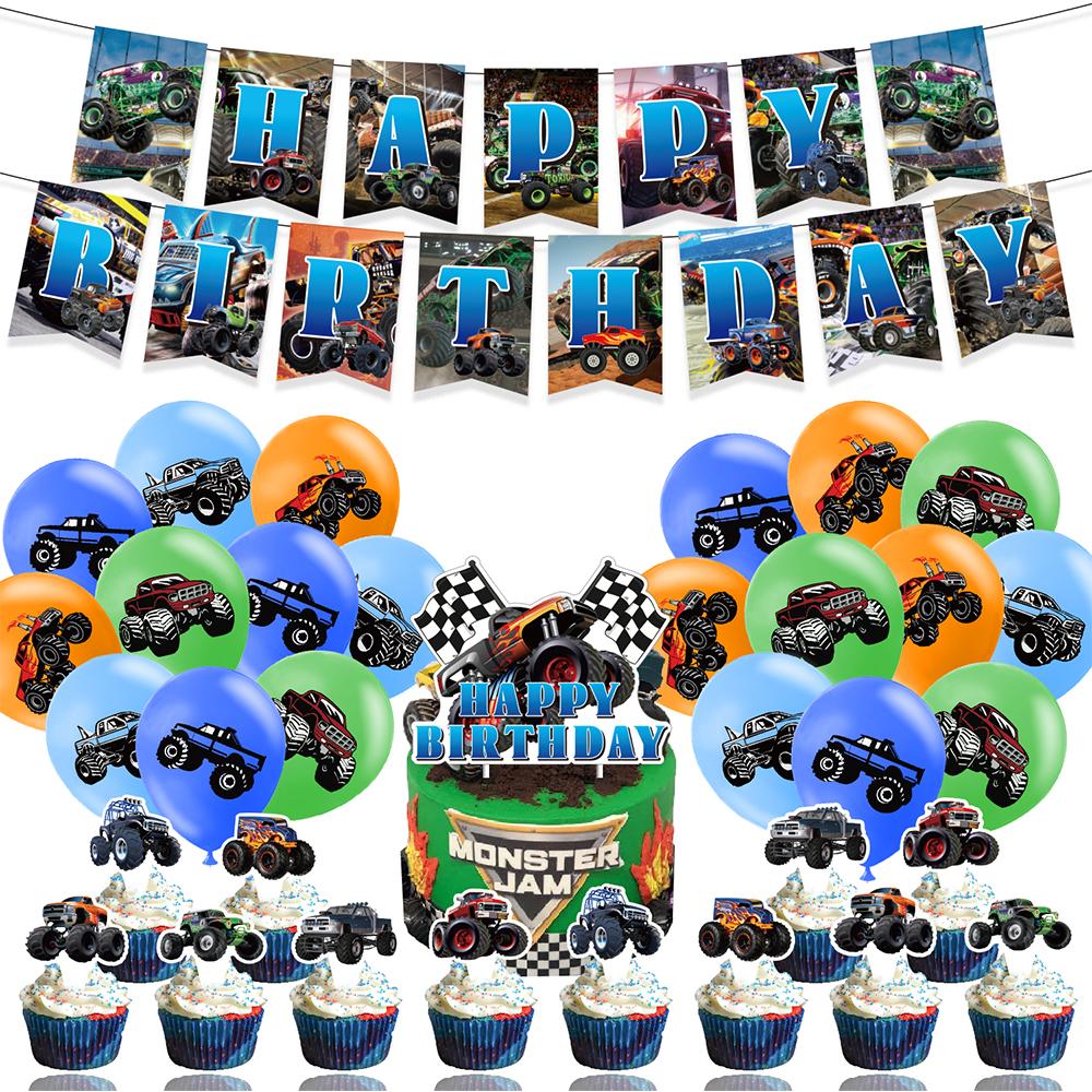 34pcs Monster Truck Birthday Party Supplies Include Banner Cake Topper Balloon