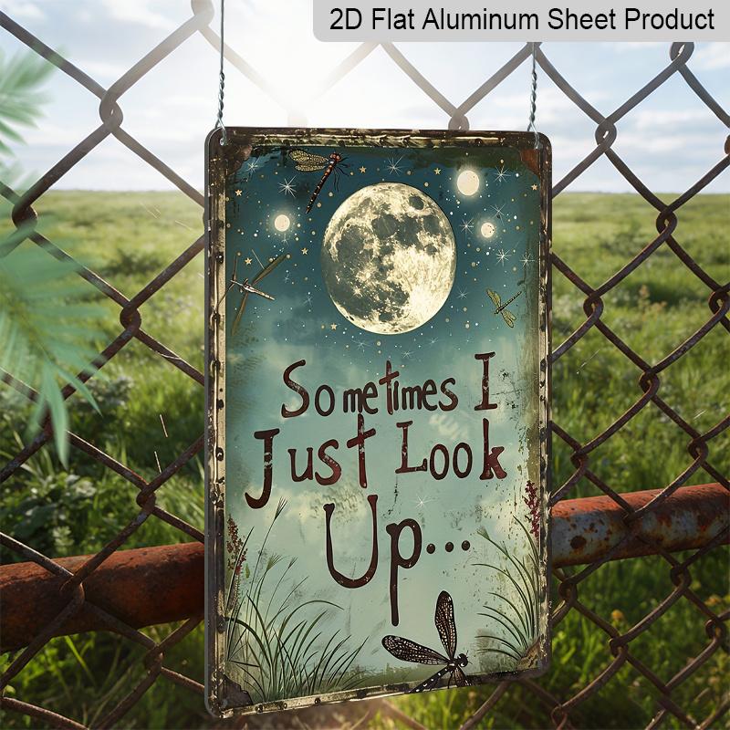 2D Flat Vintage Aluminum Dragonfly & Moon Sign with "Sometimes I Just Look Up" Quote - Rustic Farmhouse Wall Decor - Dark Blue Night Sky