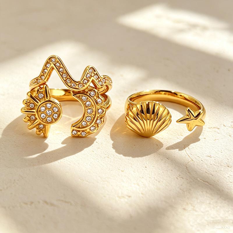 Stainless Steel Rhinestone Ring Women Sun Moon Shell Line Layered Open Ring Fashion Beach Vacation Style Jewelry Accessories