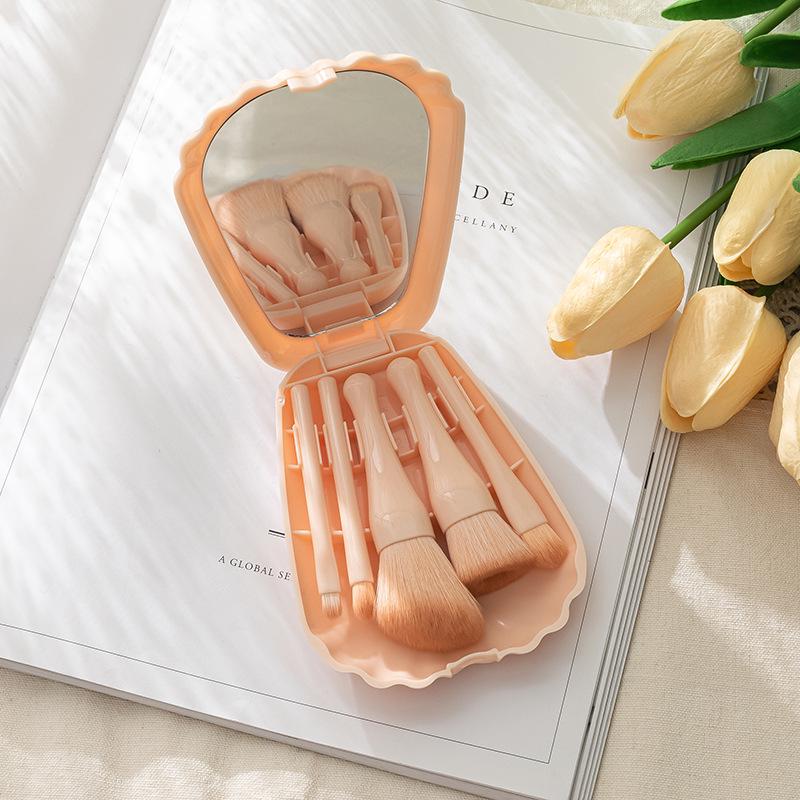 Portable 5-Piece Shell Makeup Brush Set with Mini Mirror