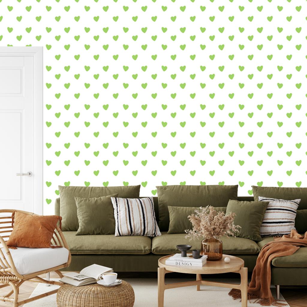 Hearts Wallpaper White and Lime 50x1000