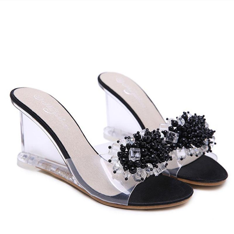 Women Slippers Sandals 8Cm Wedge High Heels Transparent Crystal Rhinestone Slippers