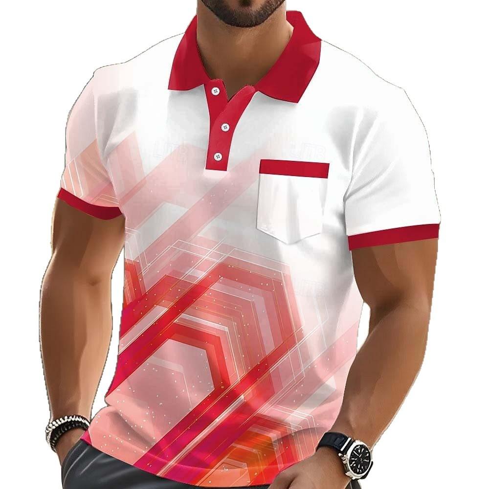 Trendy Short Sleeve Polo Shirt, Geometric Pattern, Casual Men's Top