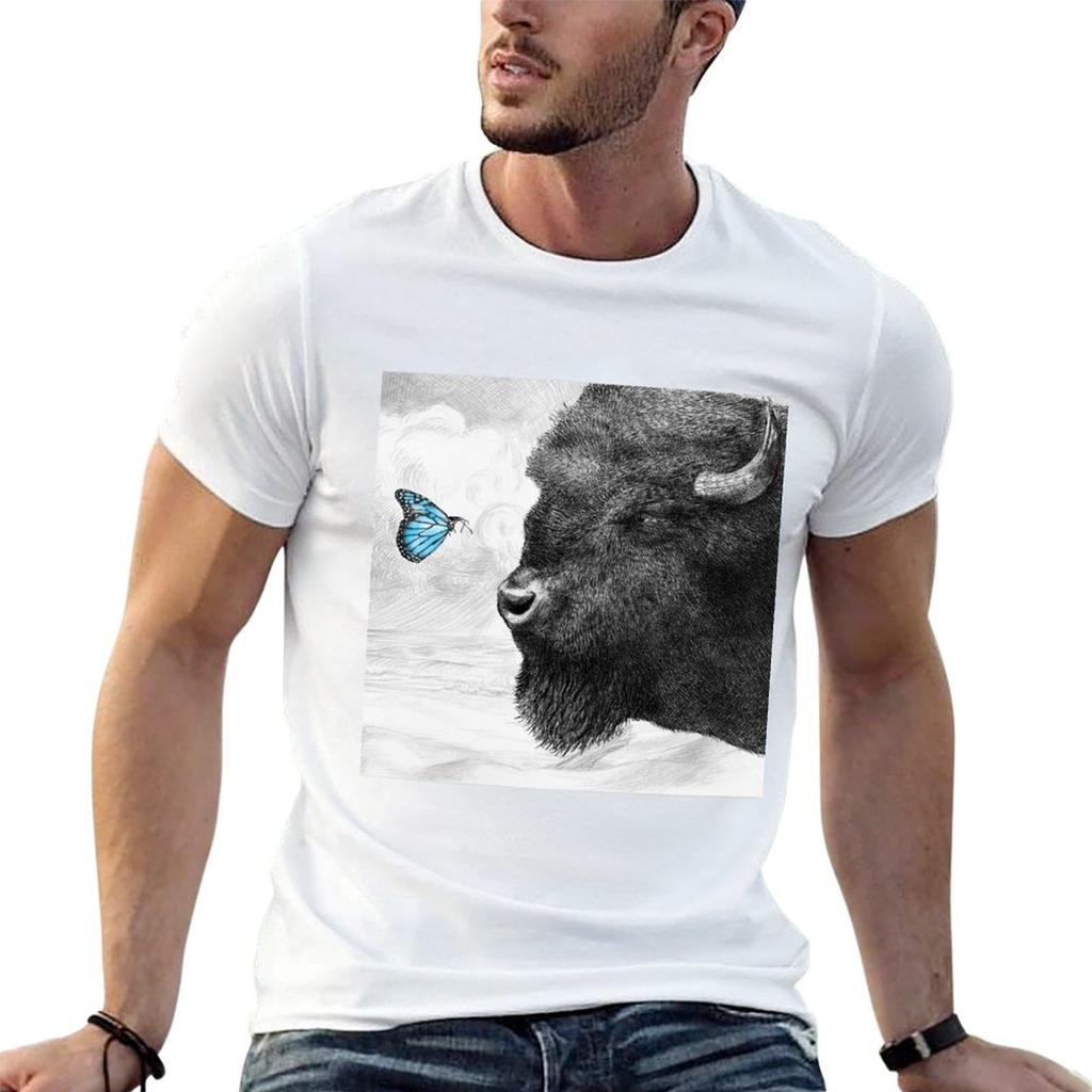 Bison and Butterfly TShirt No Iron Casual Short Sleeve Top