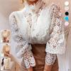 Chic Hollow Out Flower Lace Shirt Stand-Collar All-Match Summer Blouses Petal Sleeve Patchwork Women Top