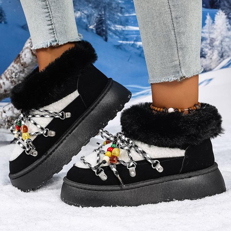 Богемные Зимние Сапоги на Шнуровке с Бусинами Женские Зимние Мягкие Теплые Ботильоны из Искусственного Меха Женские Большого Размера 36-43 Платформа Botas Mujer