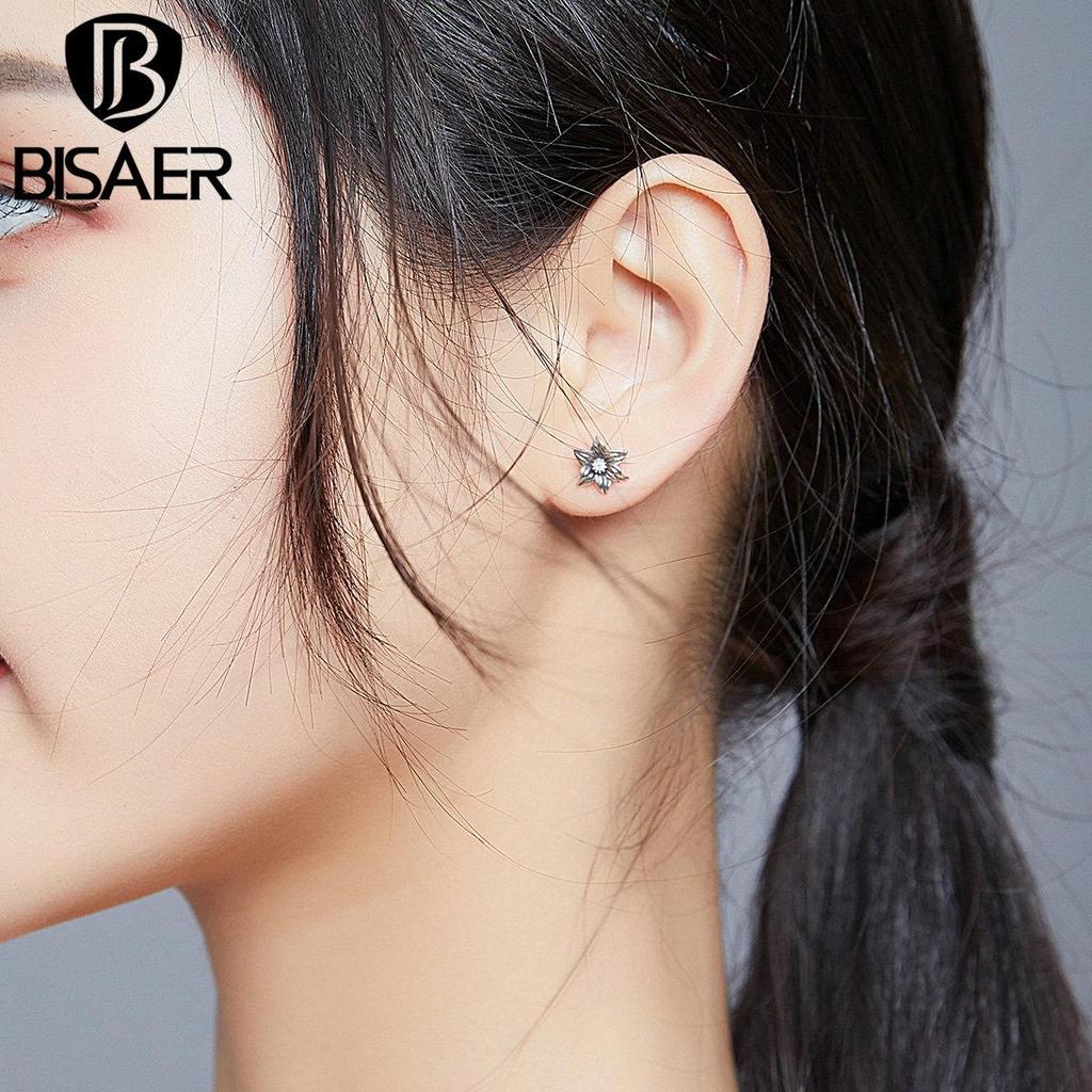 Bisaer Женские серьги-гвоздики из стерлингового серебра 925 пробы в стиле ретро с цветком и CZ Bee, ювелирные изделия в подарок