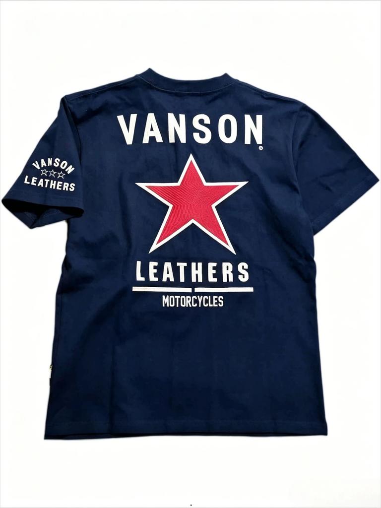 Red Star and VANSON LEATHERS Motorcycle Pattern Casual Round Neck Cotton Men's and Women's Summer Short Sleeves T Shirt