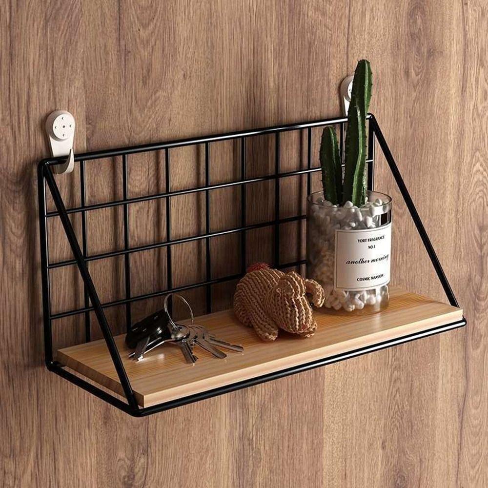 Punch-Free Wall Mounted Storage Rack Grid Shower Hanging Basket Wooden Iron Wall Shelf Home