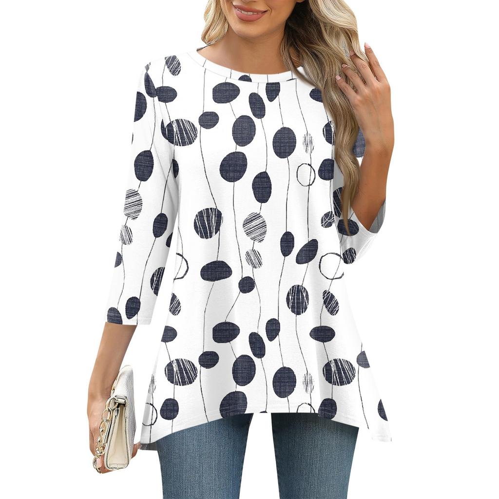 3/4 рукав туника топы для женщин принтованный повседневный выходной свободный крой модная базовая футболка с круглым вырезом