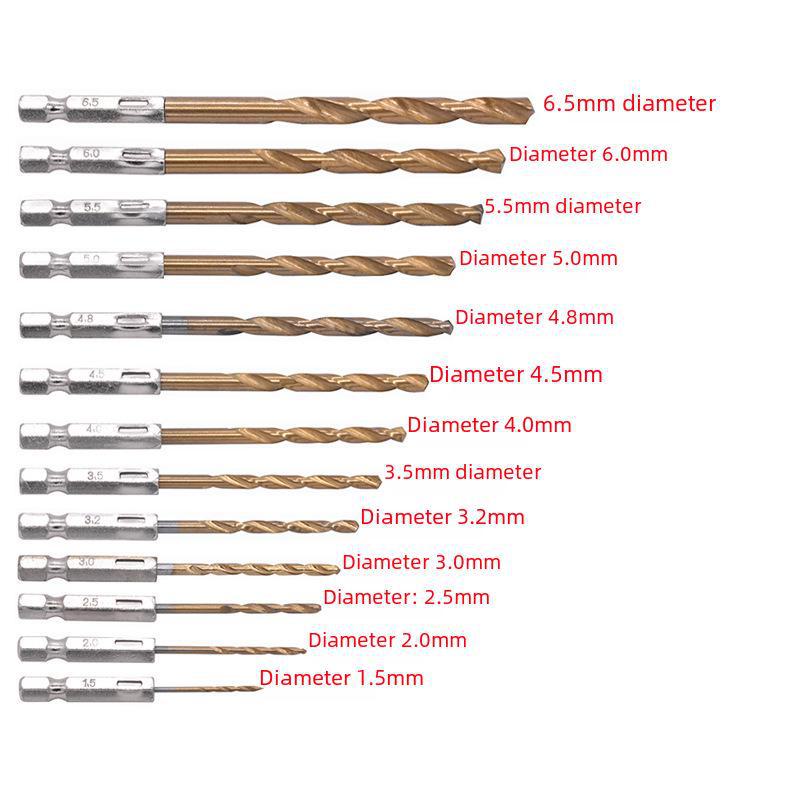 Набор из 13 спиральных сверл с титановым покрытием и шестигранным хвостовиком, 1,5–6,5 мм, быстрорежущая сталь, для электрических дрелей