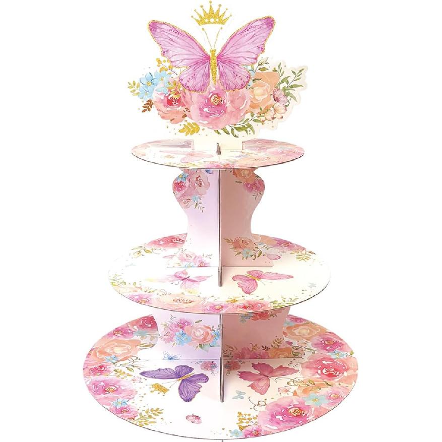 Wooden 3 Tier Cupcake Stand, Wood Style Cake Stand for Party Decorations Baby Shower Decoration, Enchanted Forest Safari Birthday Cupcake Decorations