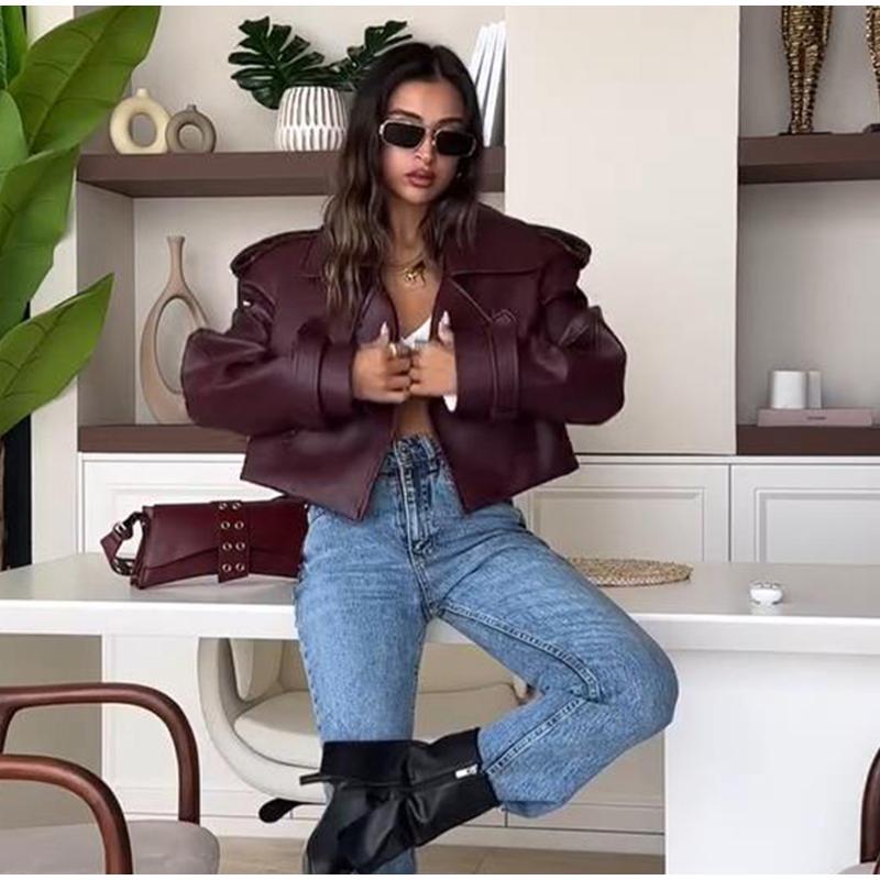 Уличная короткая куртка из кожи бордового цвета с красными карманами и лацканами для женщин, куртка с длинным рукавом, осенняя свободная верхняя одежда для женщин