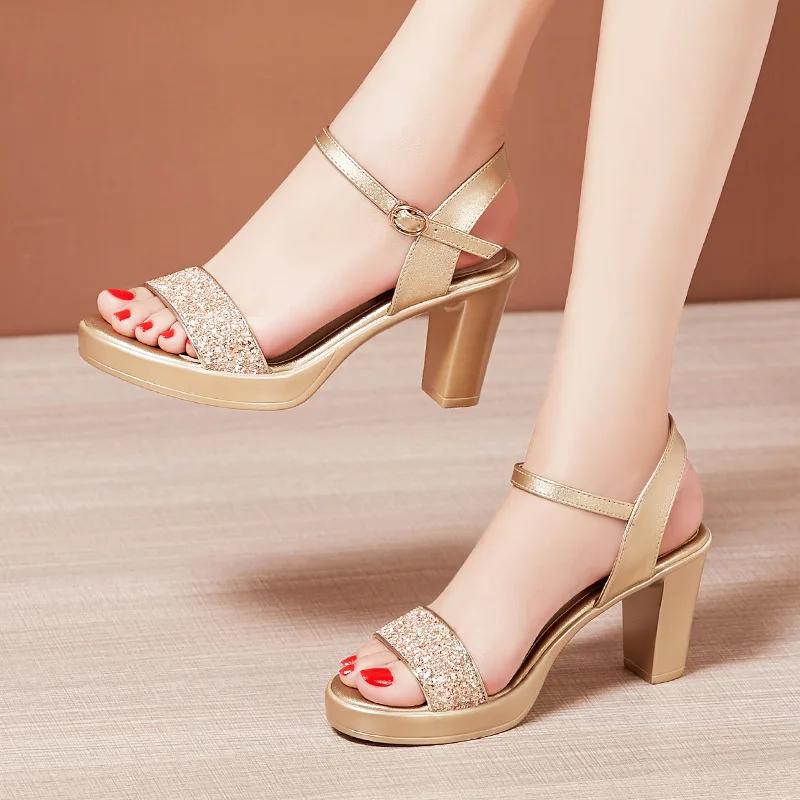 Maogu Block High Heels Свадебные туфли Серебро Золото 203 Элегантная женская обувь Летние блестящие босоножки на толстой платформе для женщин Размер 32 43